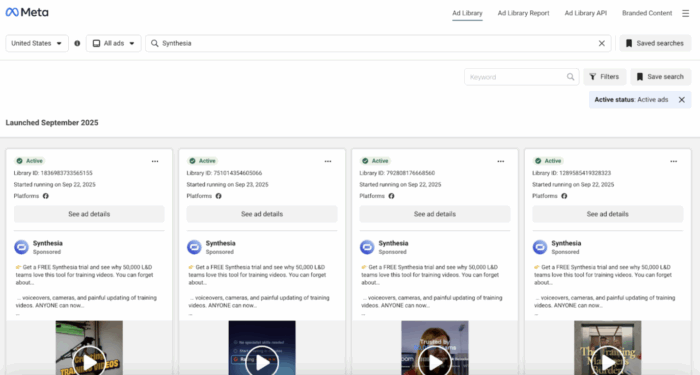Скриншот библиотеки рекламных объявлений Facebook/LinkedIn
