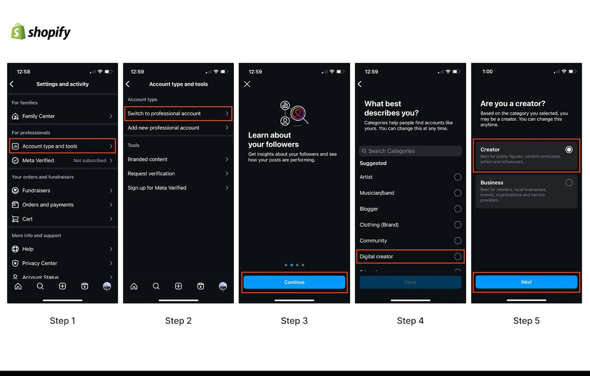 Пять скриншотов процесса перехода на профиль создателя в Instagram